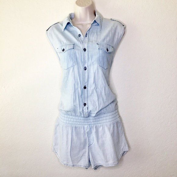 7 For All Mankind S Chambray Romper Light Blue Jea - Picture 5 of 8